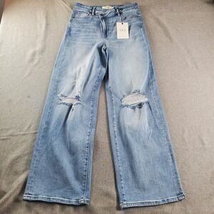 Vici Jeans Womens Size 29 Blue High Rise Wide Leg Denim Distressed Zip Fly New